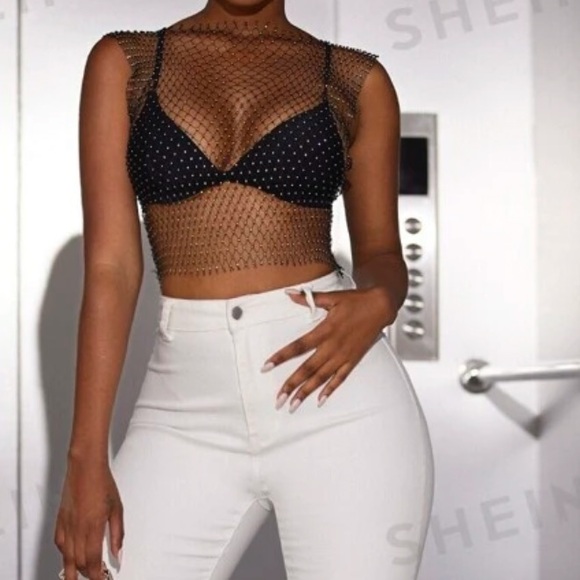 Rhinestone Detail Fishnet Mesh Tank Top Without Bra - Picture 3 of 5